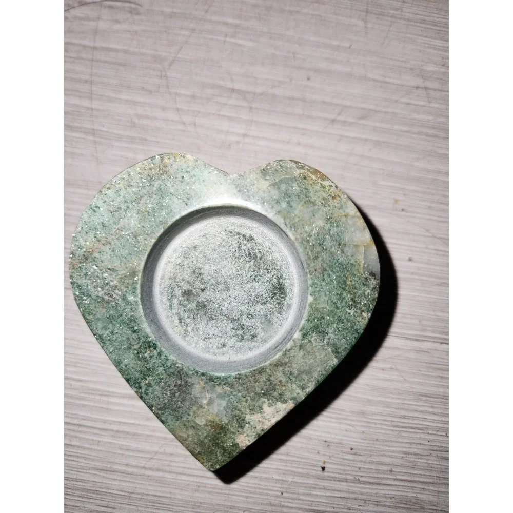 Green Natural Stone Heart Tea Light Candle Holder Polished Marble Altar Decor